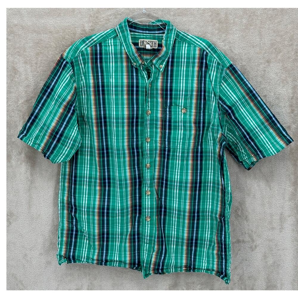 Duluth Trading Shirt Mens Large Tall Green Plaid Button Up Short‎ Sleeve Cotton